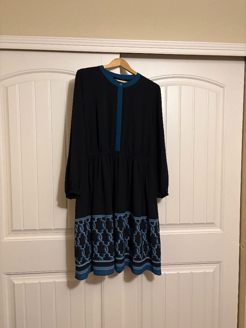 Lane Bryant Geometric Print Shirt Dress 14 Black Long Sleeve Buttons Turquoise